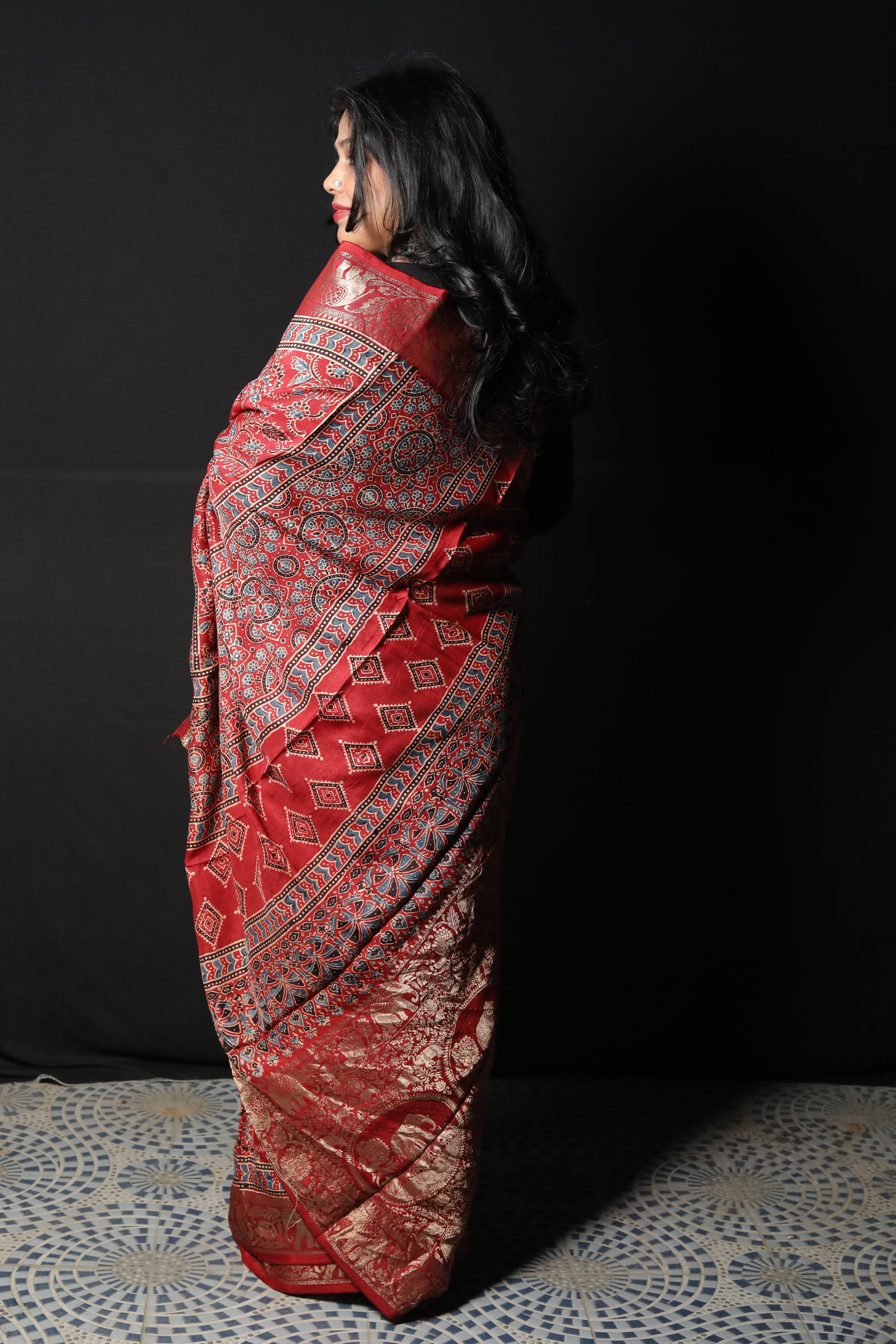 Pure Dola Silk Ajrakh Print Saree with Banarasi Zari Border