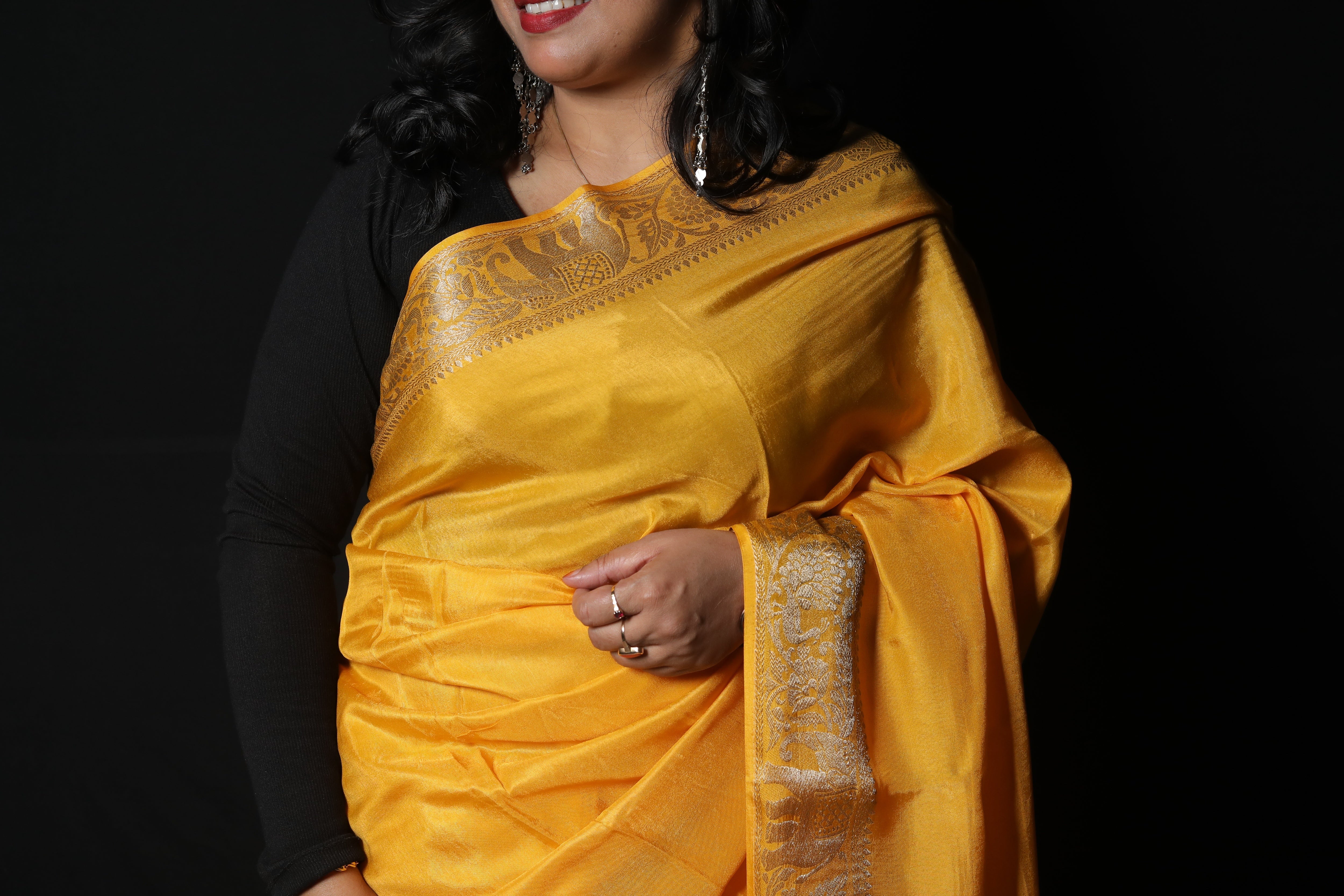 Yellow Plain Dola Silk Saree with Zari Border