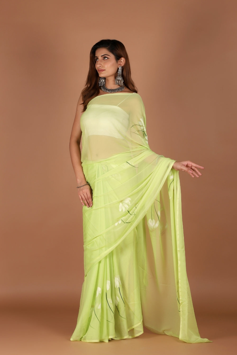 Model wearing pastel green chiffon hand-painted saree for Rakhi