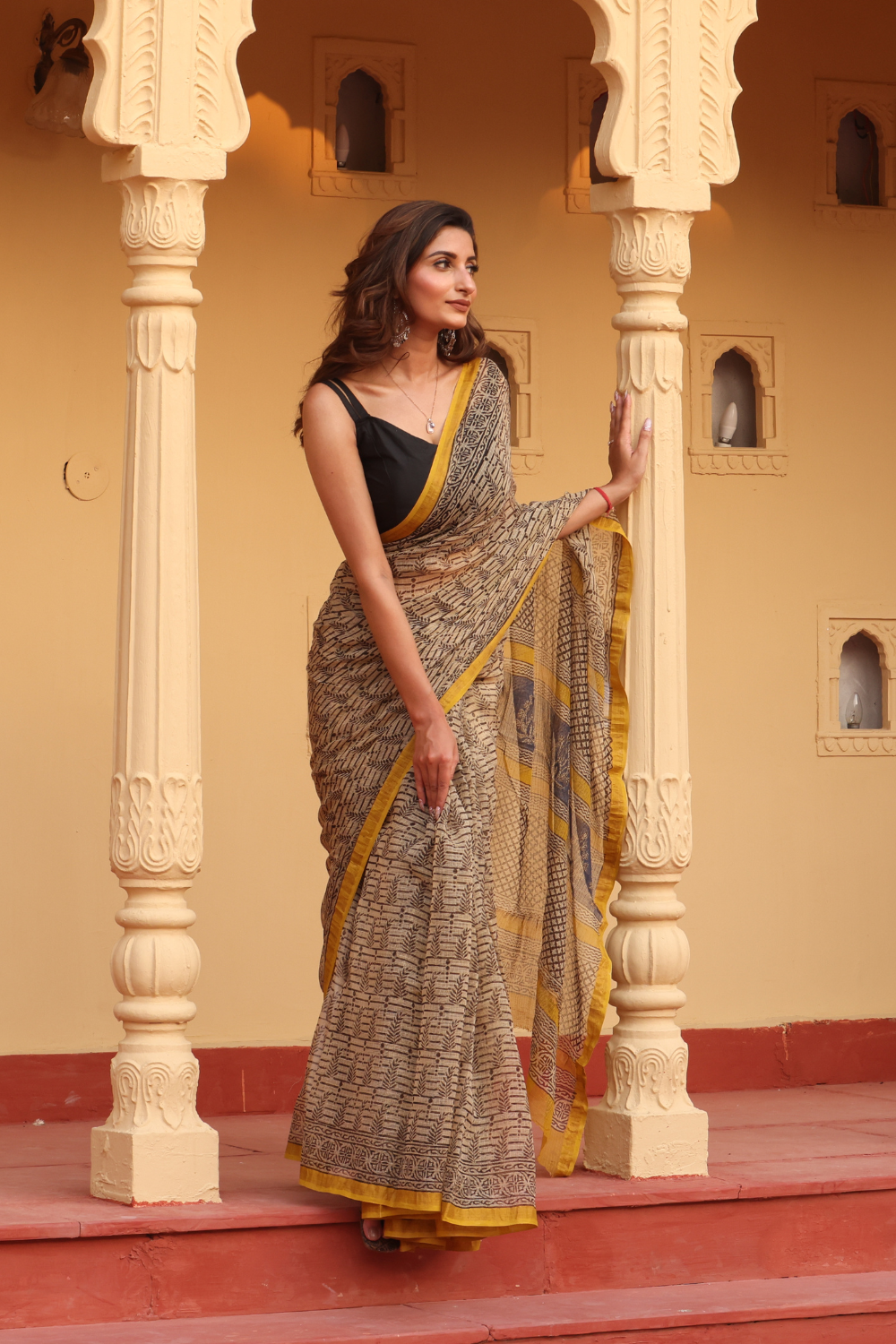 Elegant Soft Black Kota Doria Saree with Yellow Border – Timeless Appeal