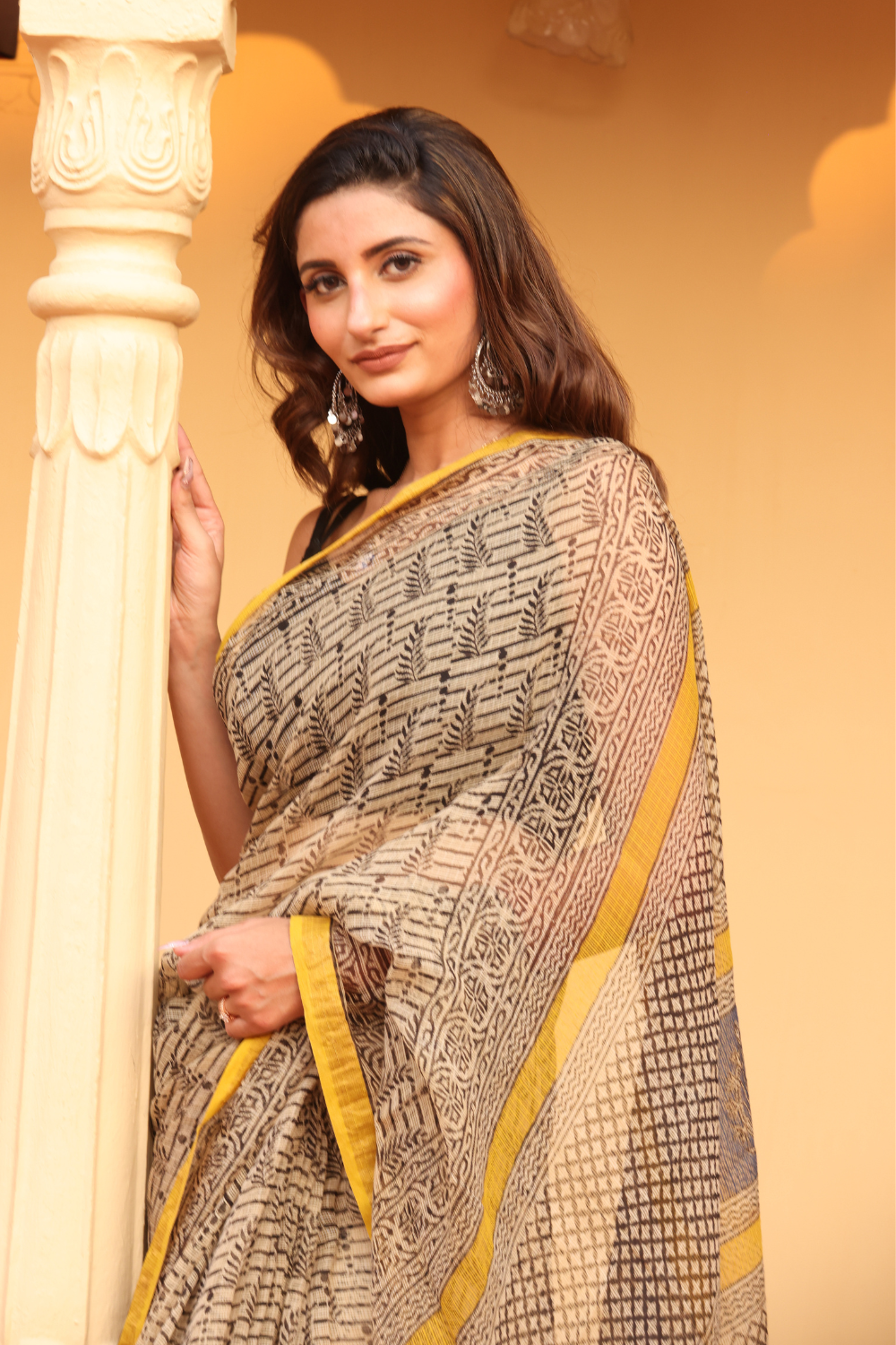Elegant Soft Black Kota Doria Saree with Yellow Border – Timeless Appeal