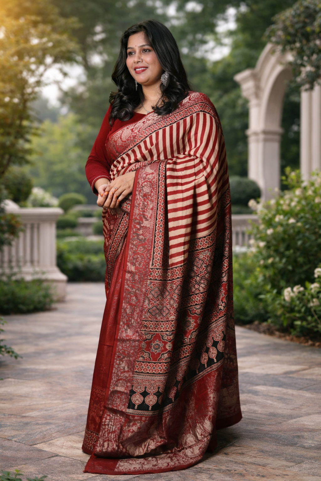 Pure Dola Silk Ajrakh Print Saree with Banarasi Zari Border