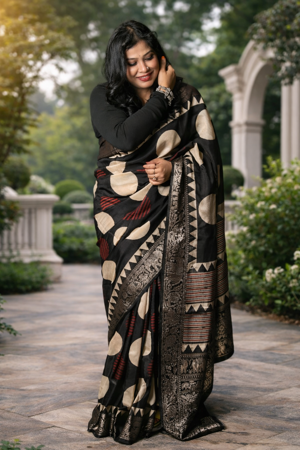 Pure Dola Silk Ajrakh Print Saree with Banarasi Zari Border