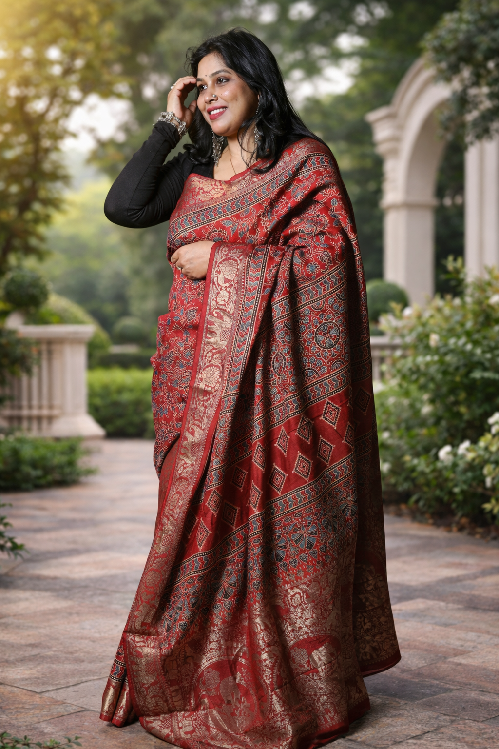 Pure Dola Silk Ajrakh Print Saree with Banarasi Zari Border