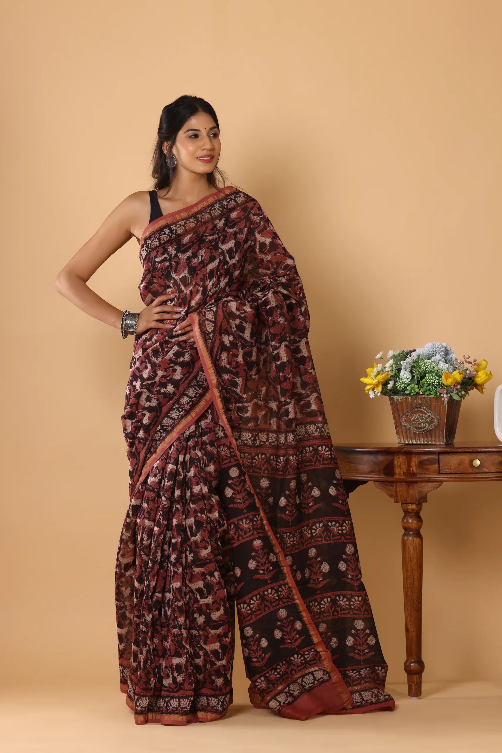Chanderi Silk Ajrakh Hand Block Printed Saree