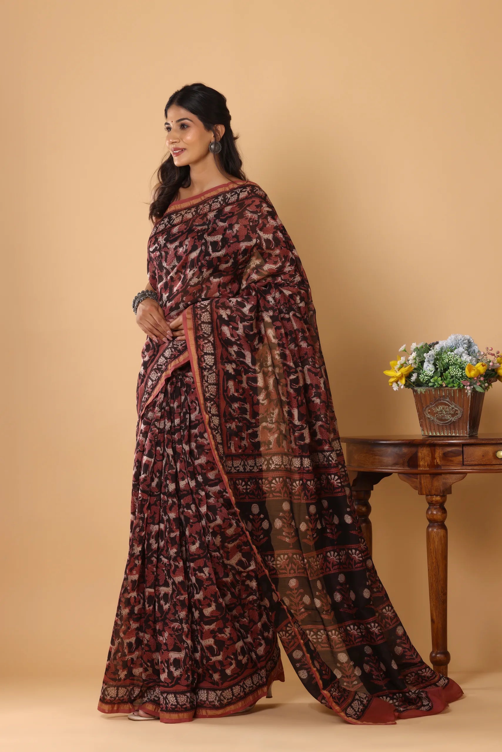 Chanderi Silk Ajrakh Hand Block Printed Saree