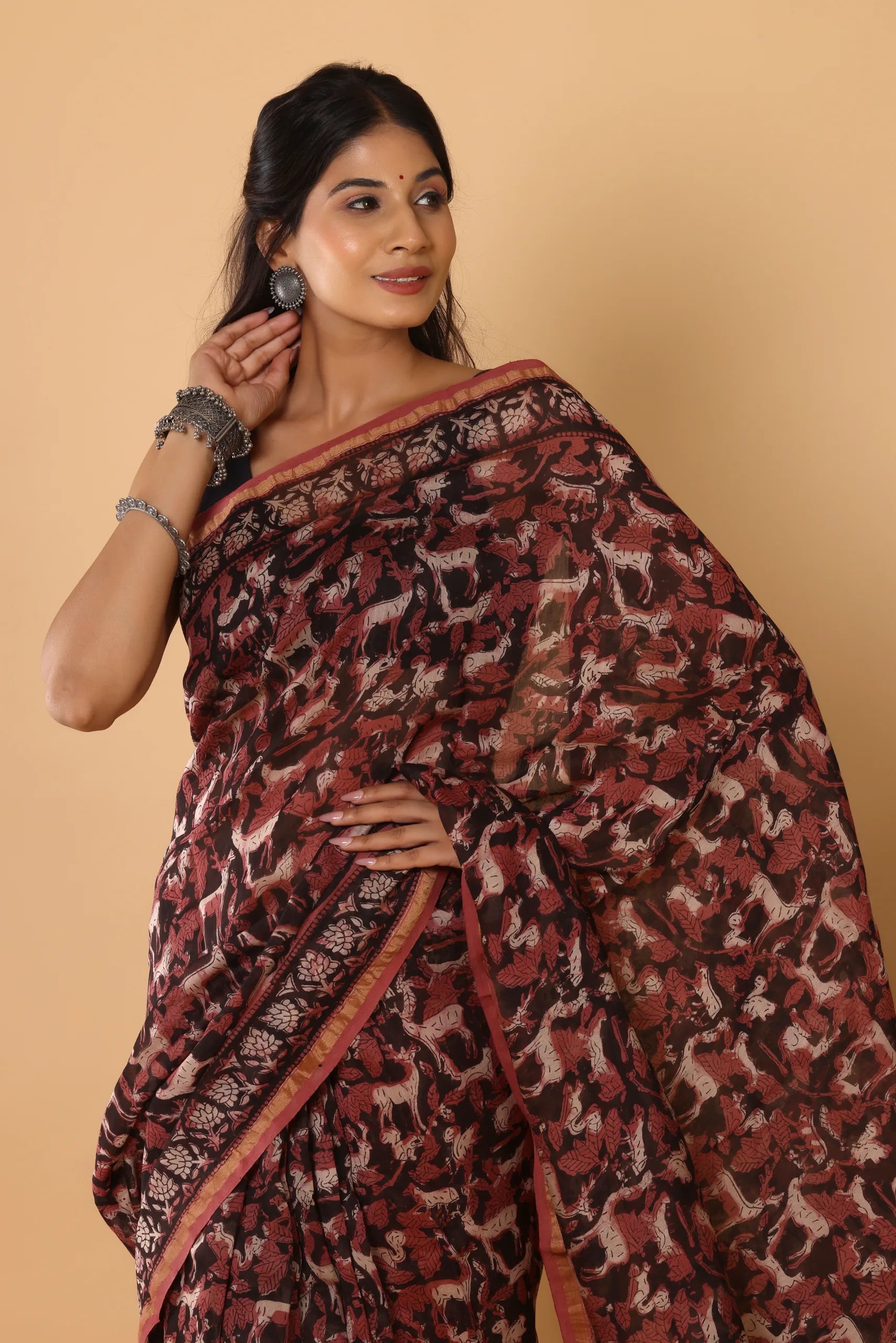 Chanderi Silk Ajrakh Hand Block Printed Saree