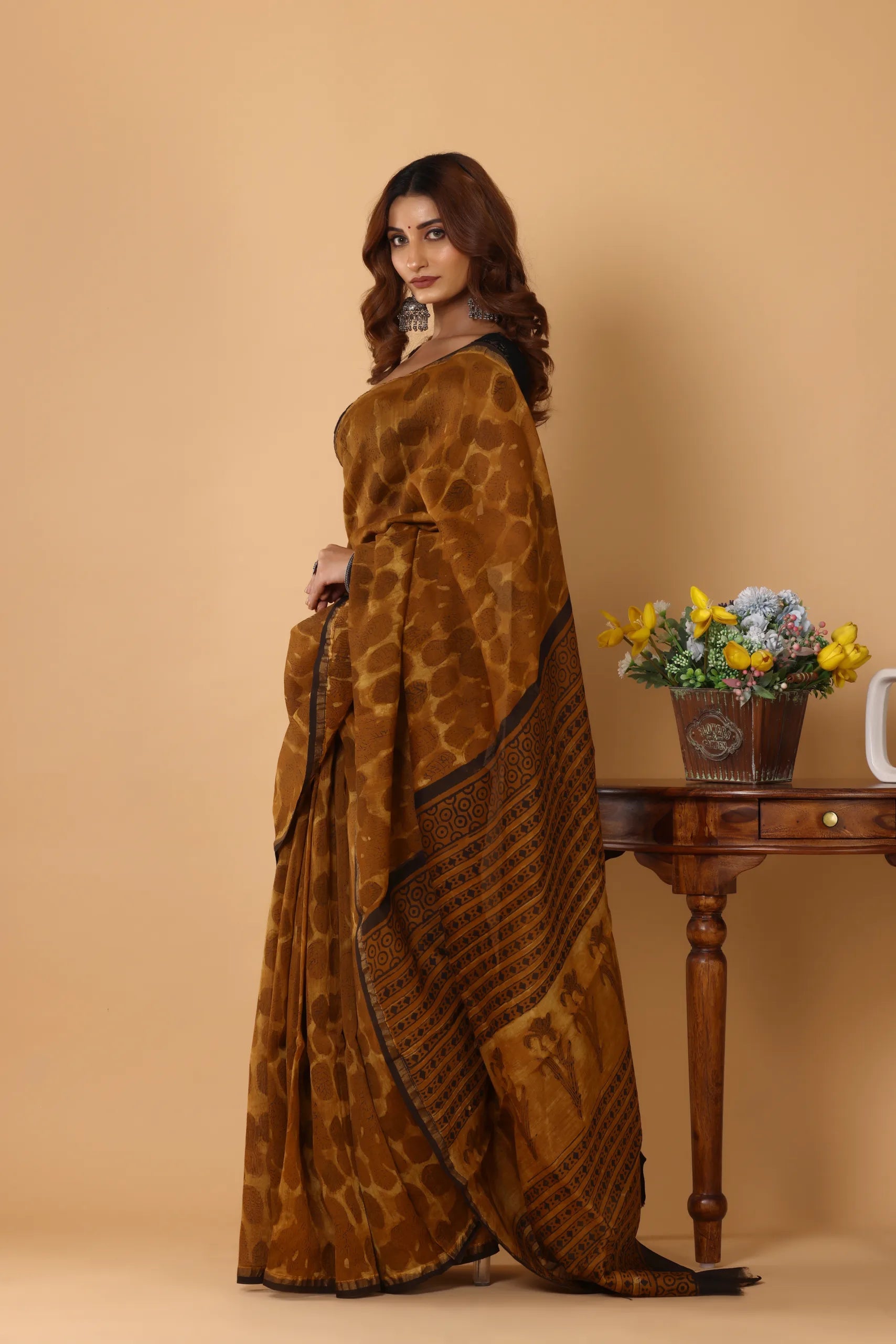 Elegant Mustard Chanderi Silk Ajrakh Print Saree
