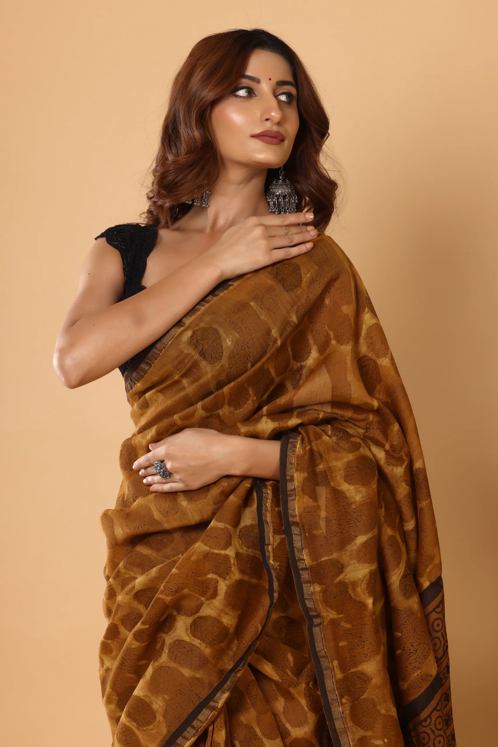 Elegant Mustard Chanderi Silk Ajrakh Print Saree