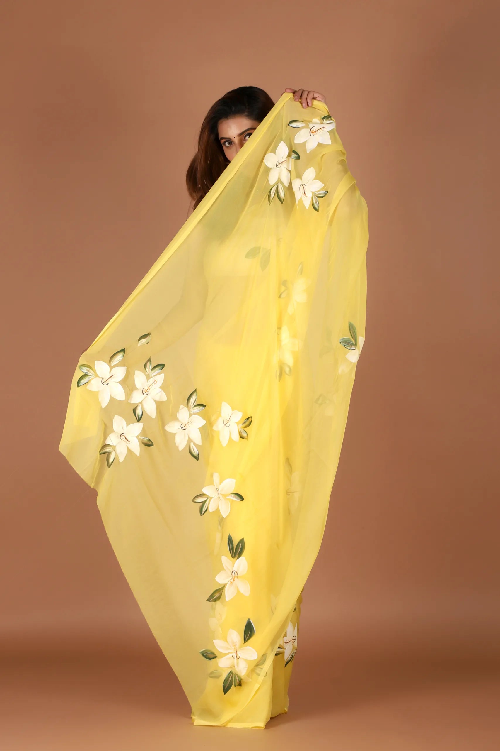 Elegant Yellow Chiffon Saree with Hand Floral Work