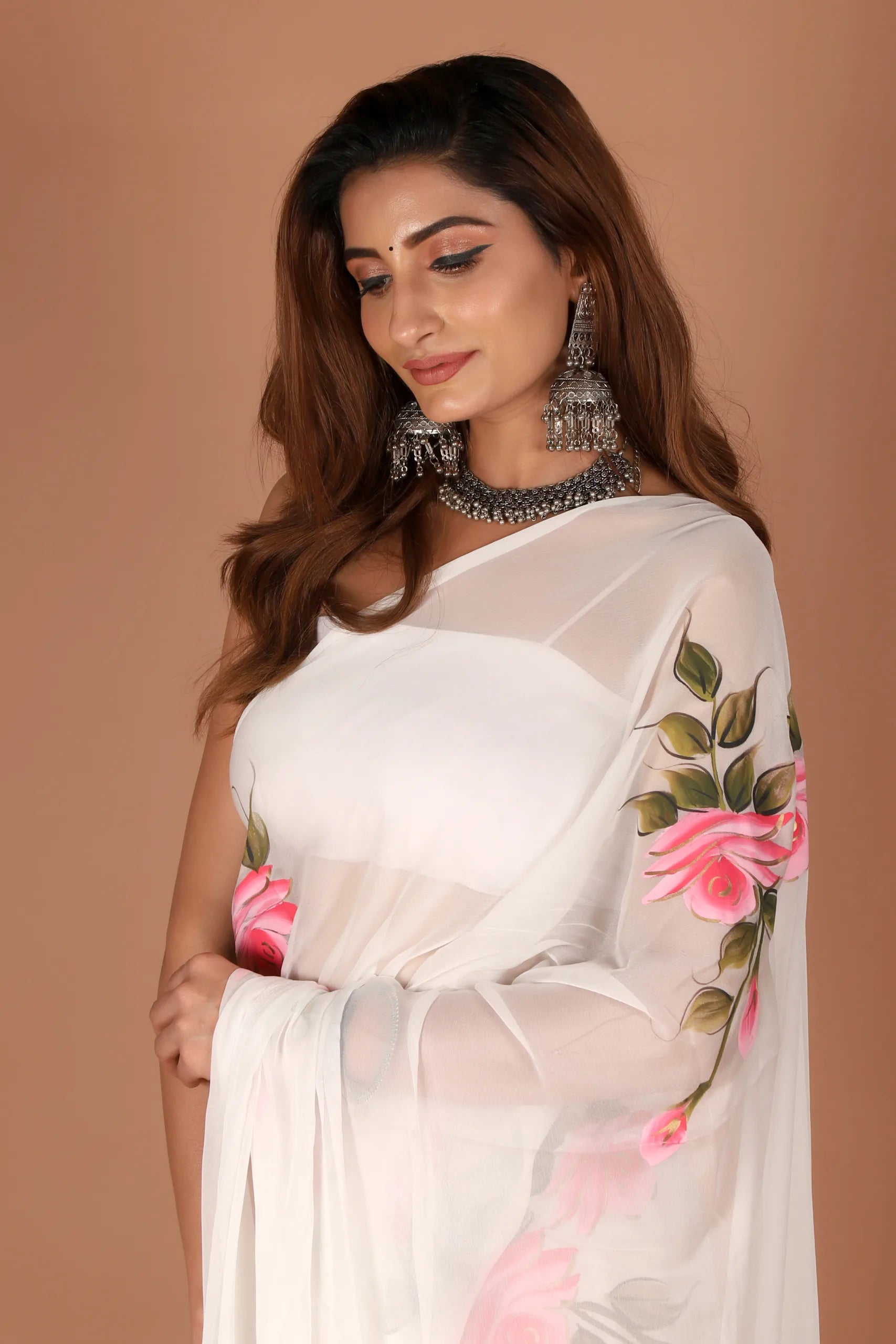White Chiffon Saree with Hand Painted Roses