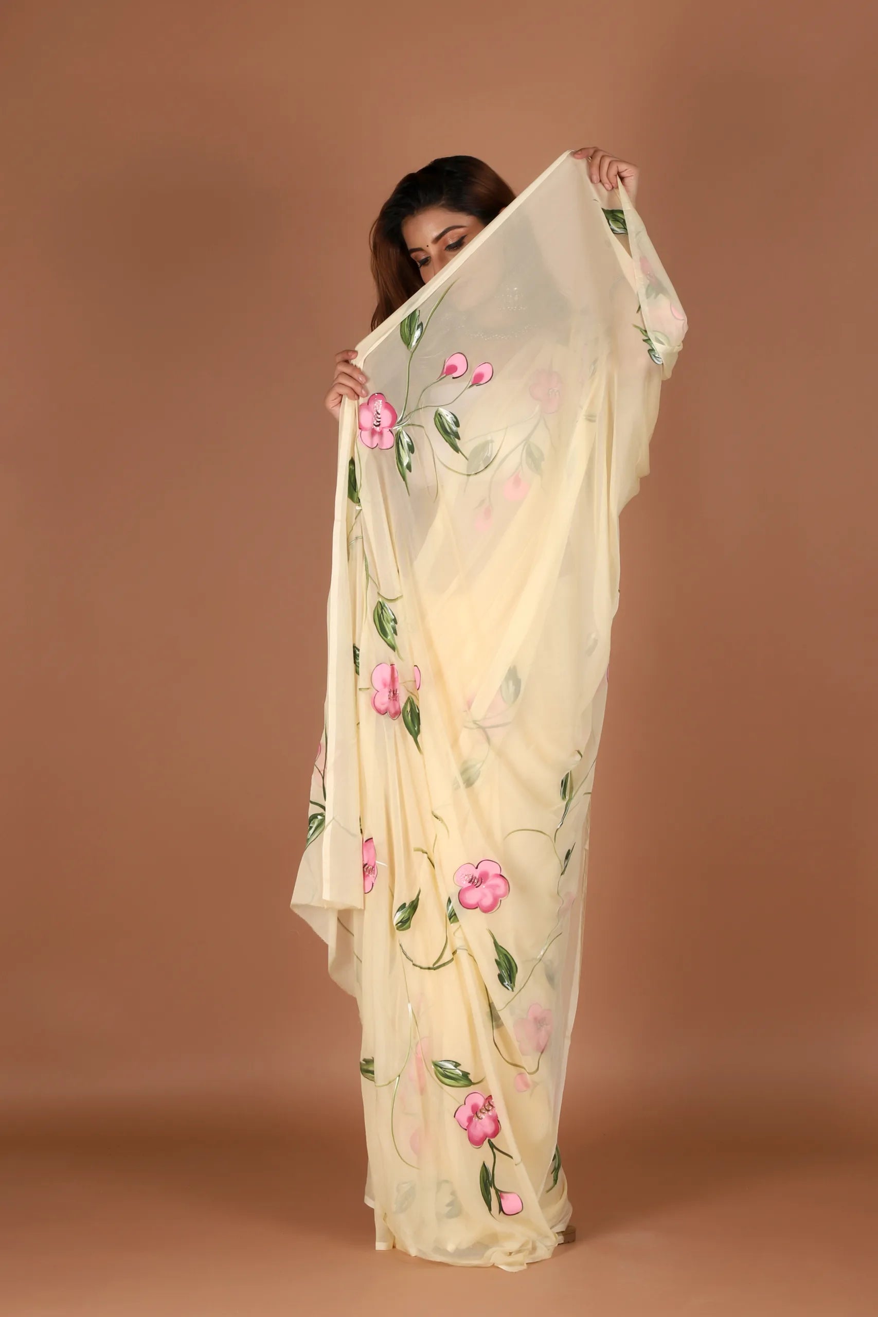 Soft Yellow Chiffon Saree with Floral Art