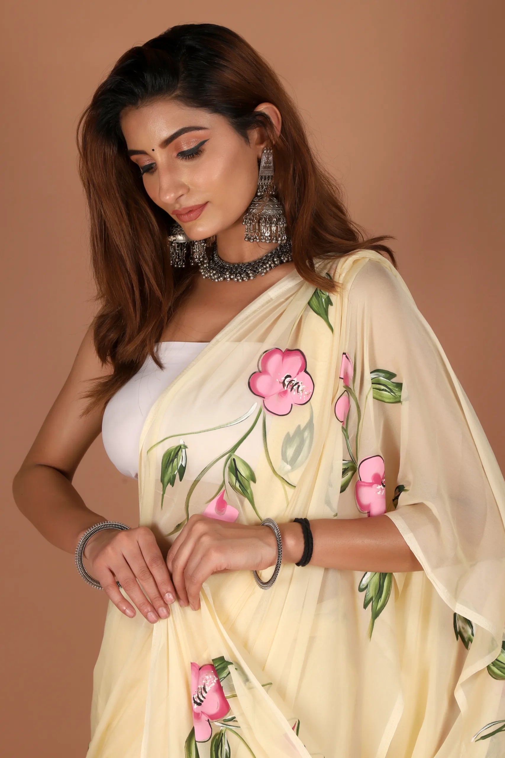 Soft Yellow Chiffon Saree with Floral Art