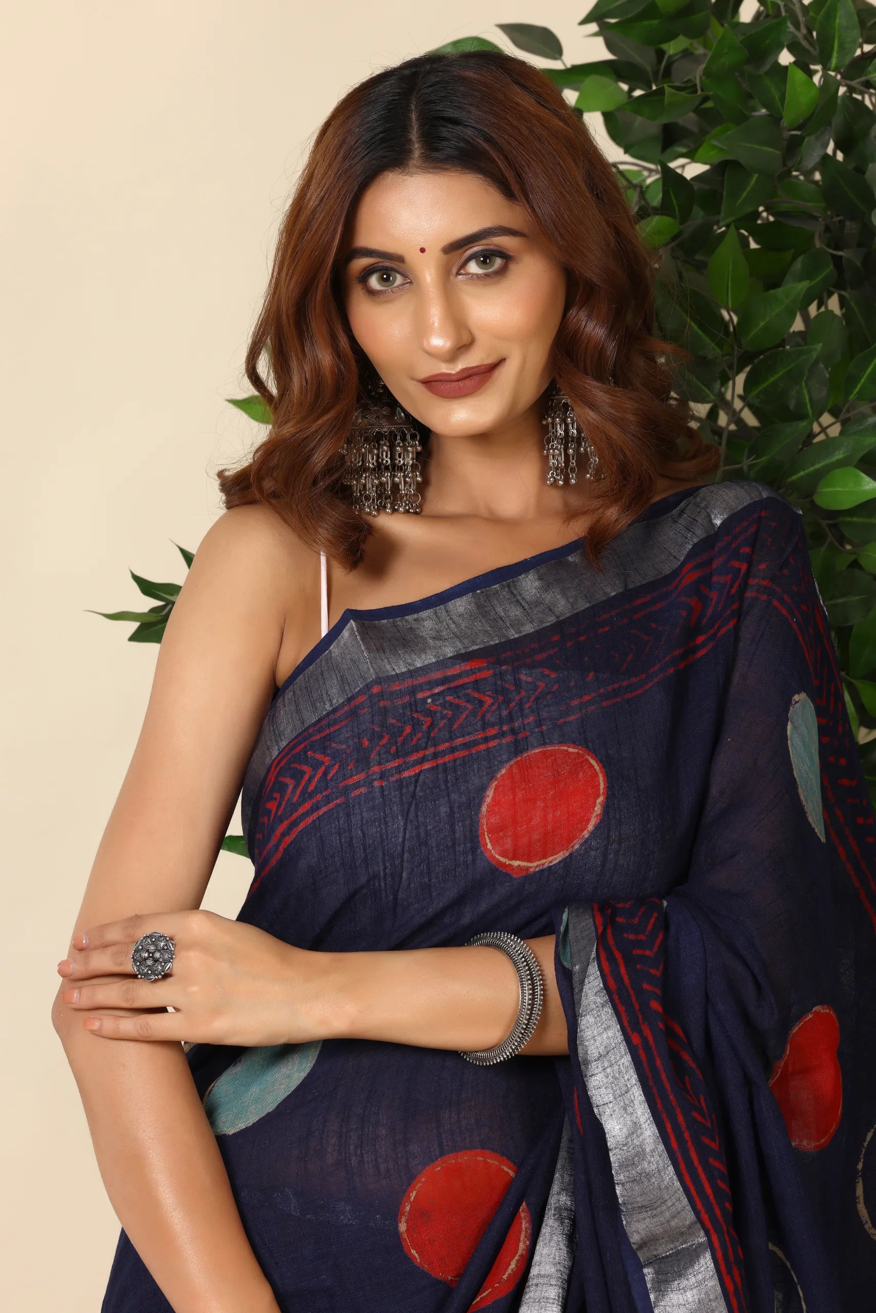 Navy Blue Linen Saree with Bold Polka Design