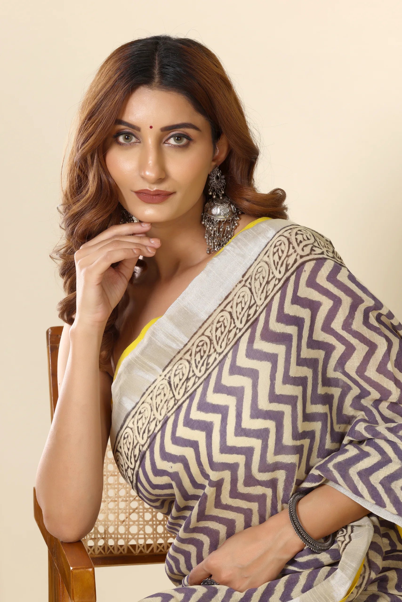 Zigzag Print Cotton Saree with Yellow Border
