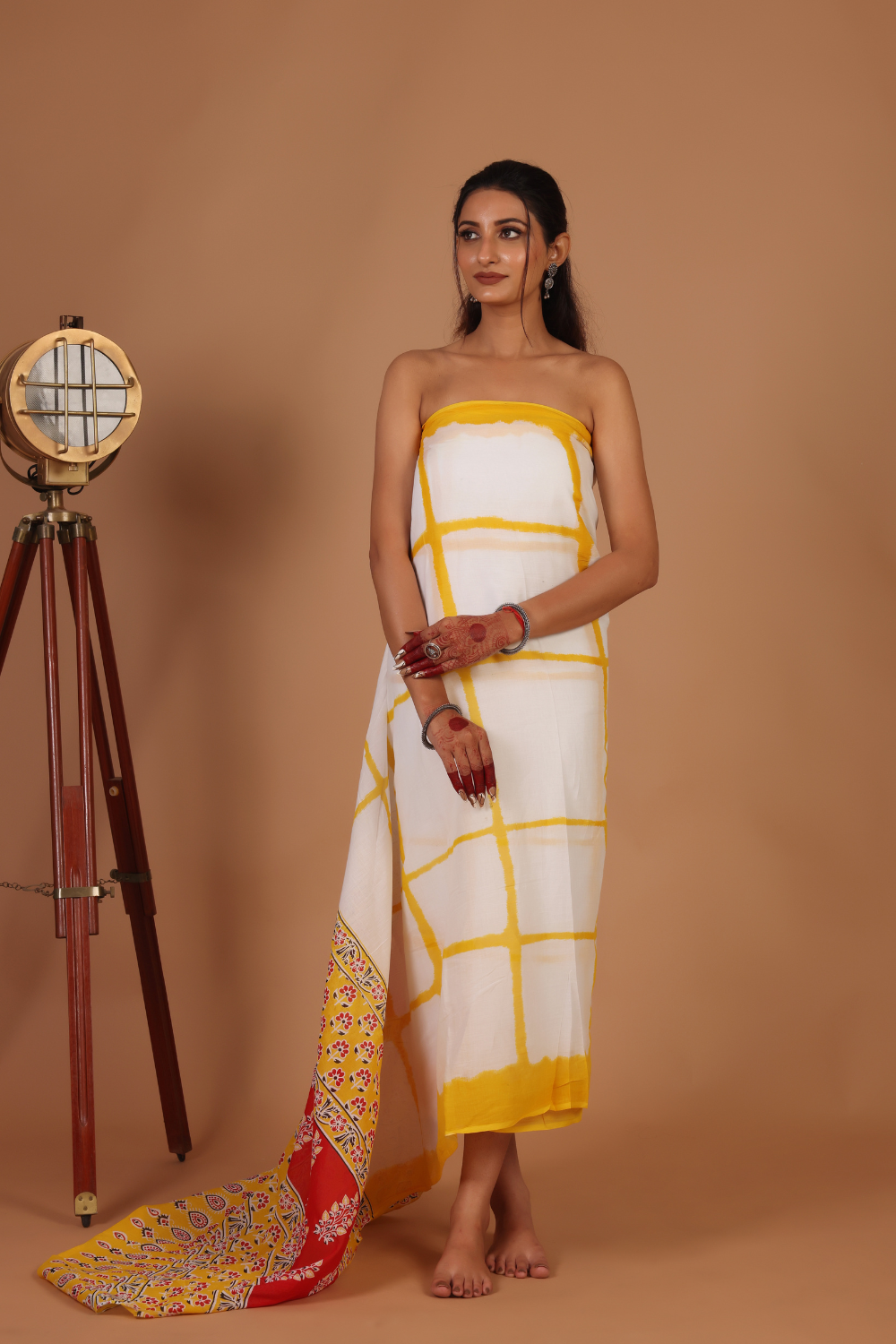 Charming White Base Saree with Yellow Square Pattern – Fresh, Vibrant & Stylish