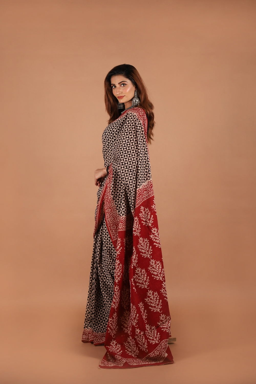 Hand block printed red and black pure mull cotton saree with geometric and floral motifs