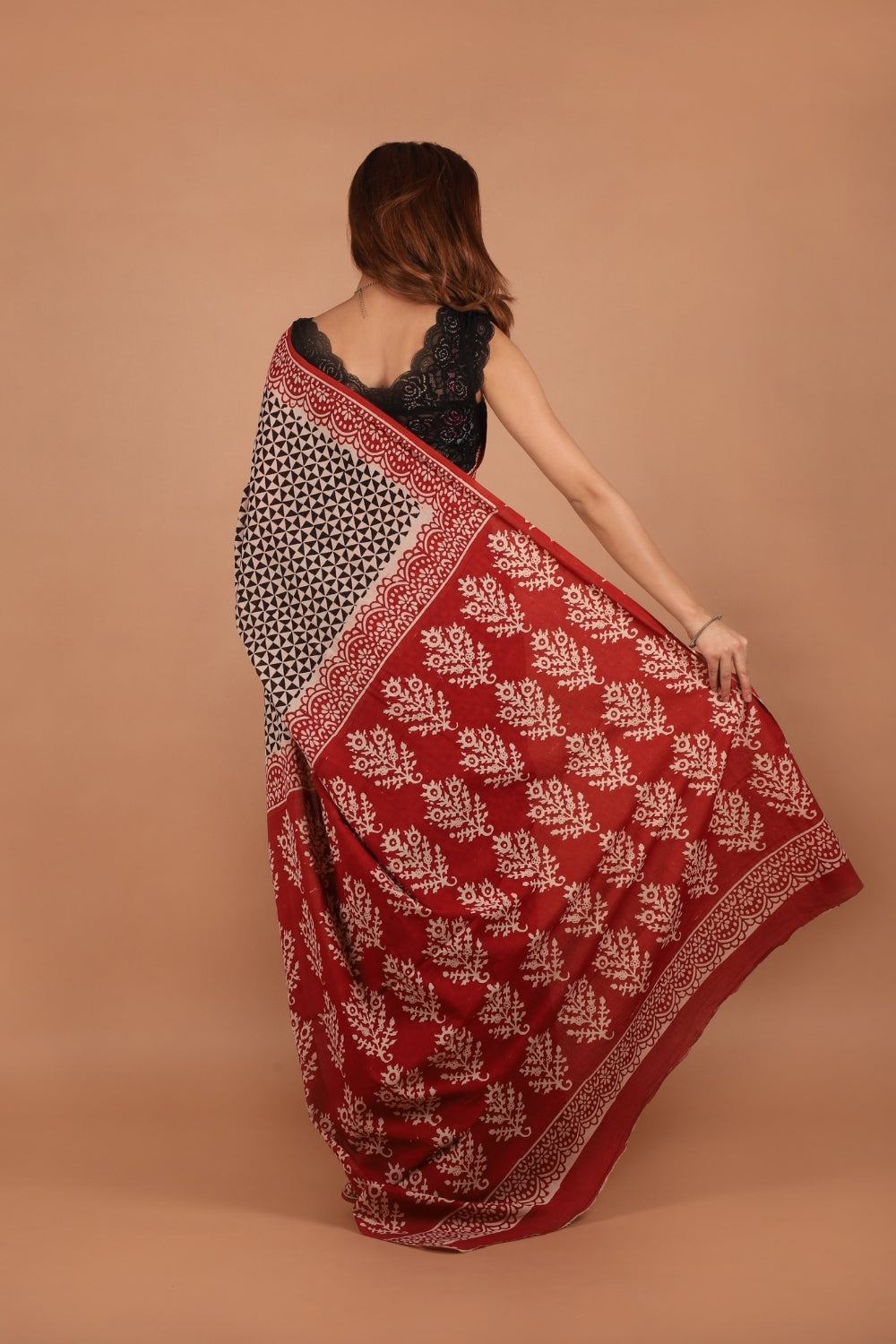 Hand block printed red and black pure mull cotton saree with geometric and floral motifs
