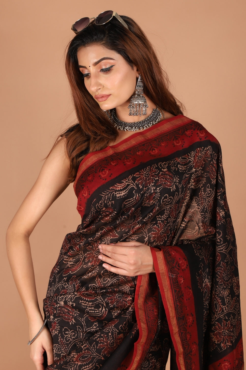 Ajrakh print Chanderi silk saree in black with maroon zari palla