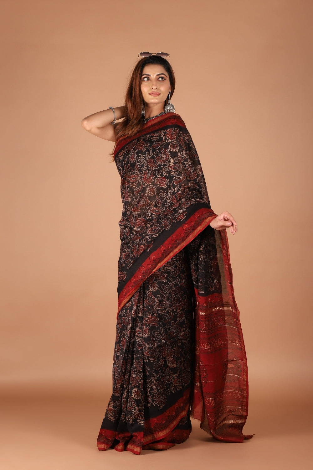 Ajrakh print Chanderi silk saree in black with maroon zari palla