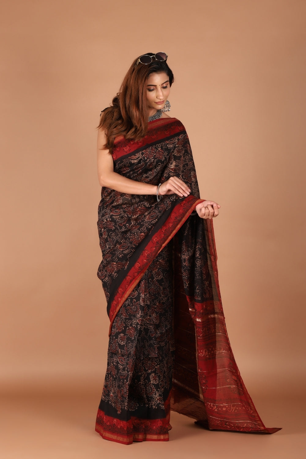 Ajrakh print Chanderi silk saree in black with maroon zari palla