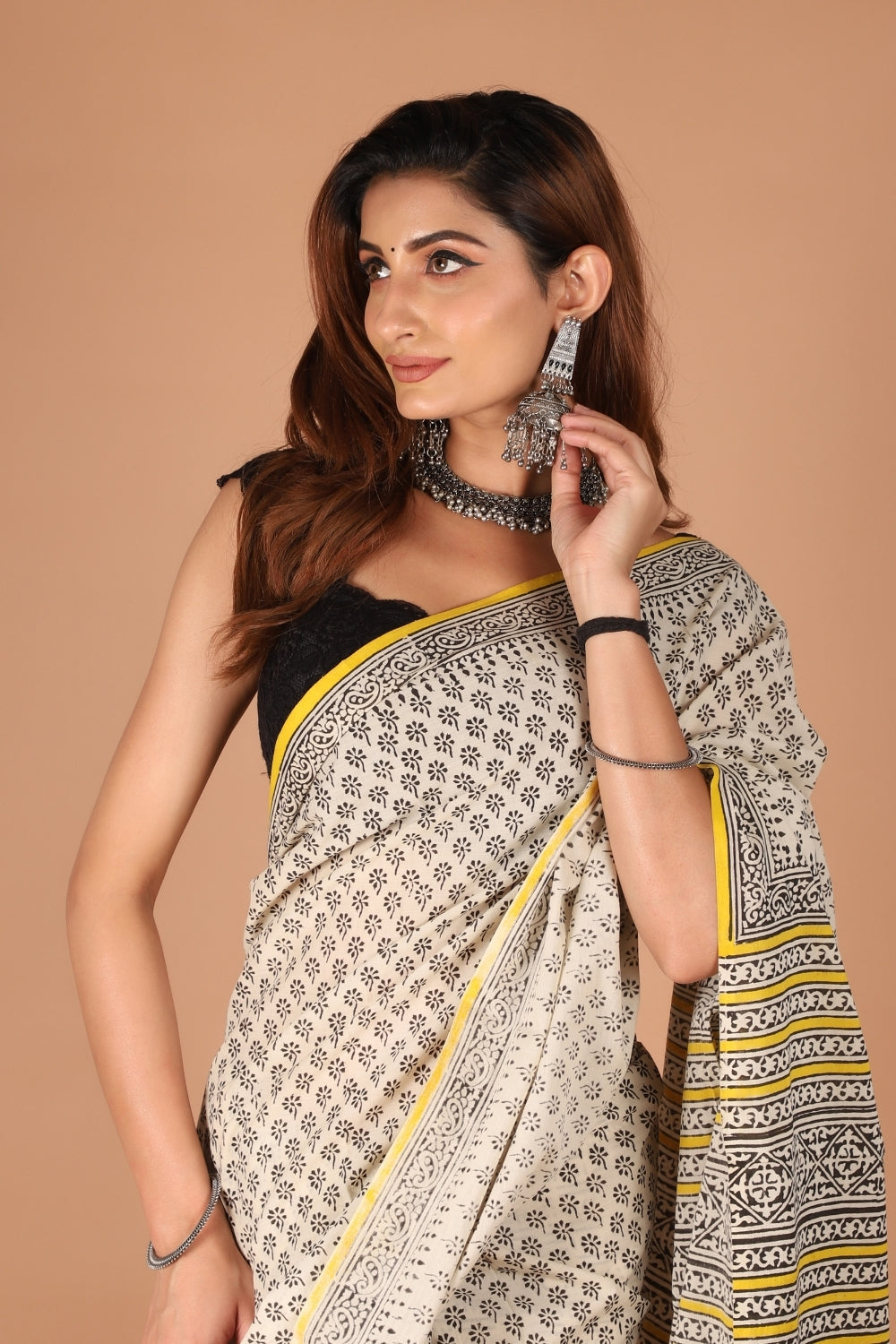 Bagru print mull cotton saree with yellow border and hand block motifs