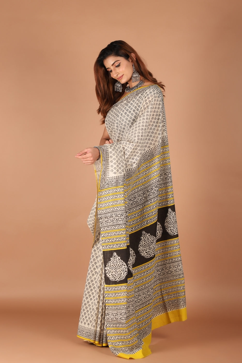 Bagru print mull cotton saree with yellow border and hand block motifs