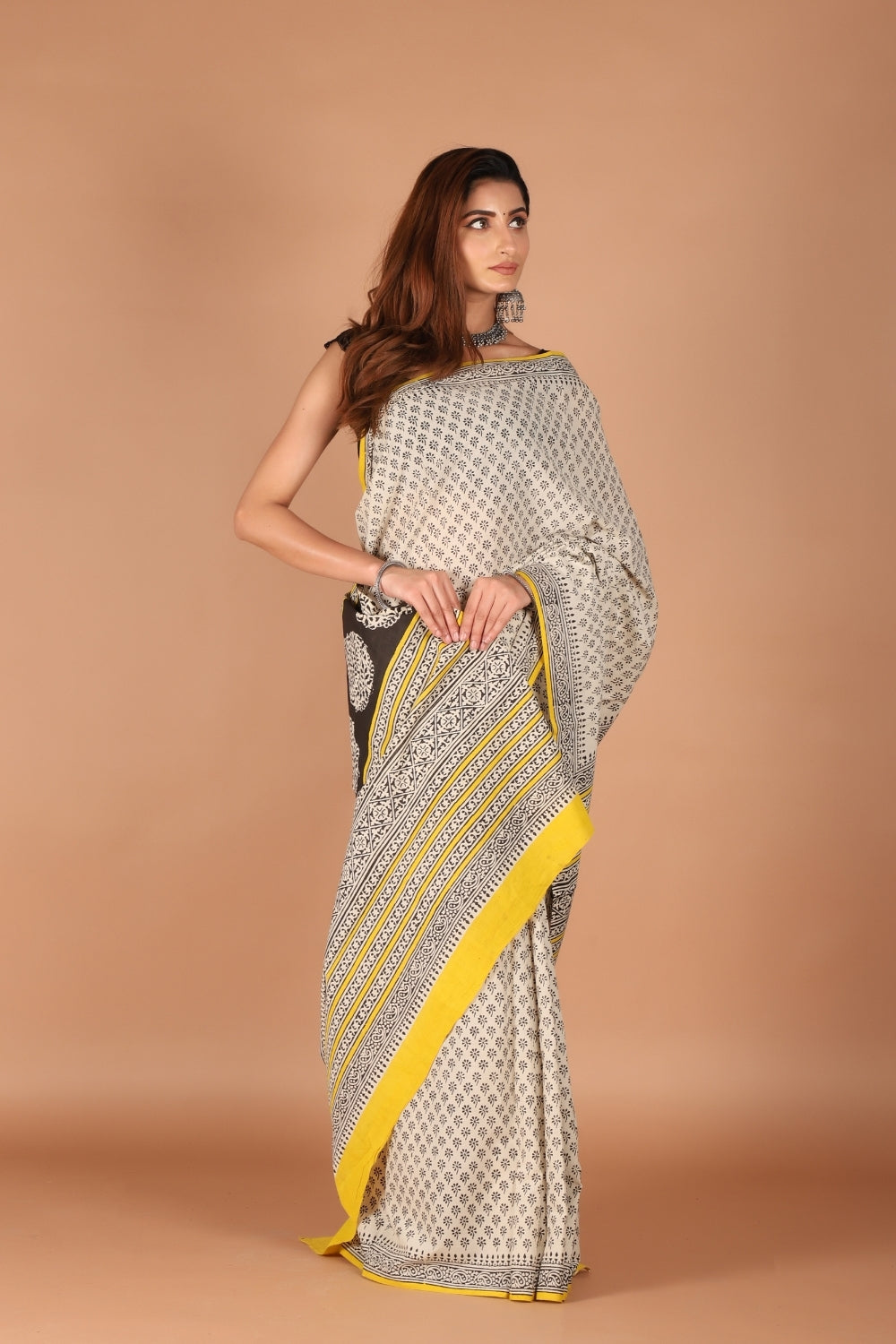 Bagru print mull cotton saree with yellow border and hand block motifs