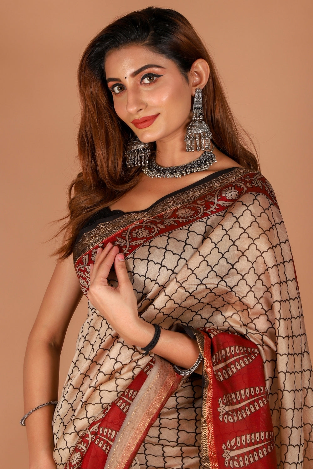 Elegant Maheshwari Silk Saree With Traditional Hand Block Prints