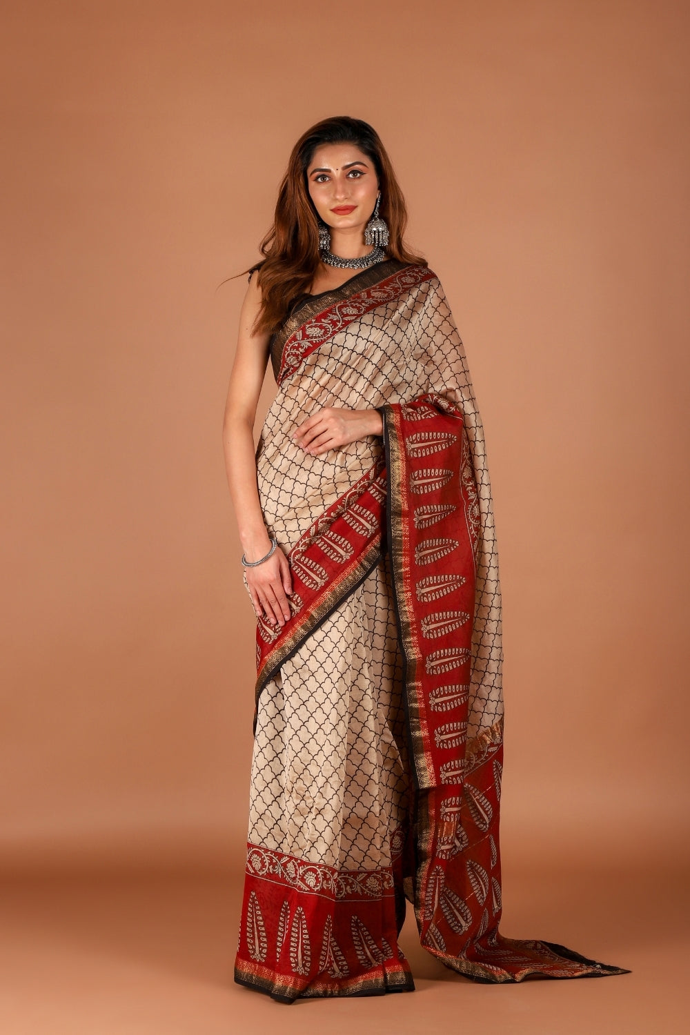 Elegant Maheshwari Silk Saree With Traditional Hand Block Prints